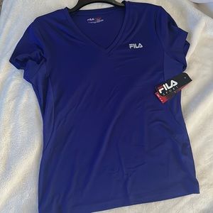 FILA Women’s Wicking V-Neck T-Shirt; Size Large, Color Blue Nova (favors purple)